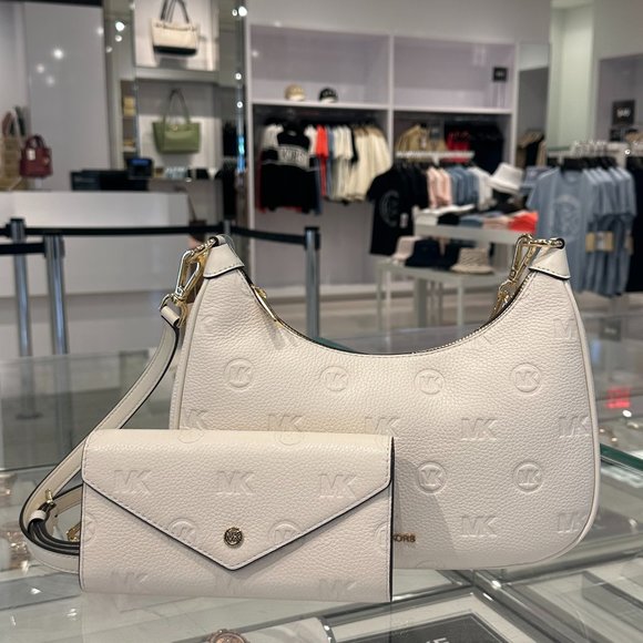 Michael Kors Cora Large Shoulder Crossbody Bag + Wallet Embossed MK Light Cream - Picture 1 of 16